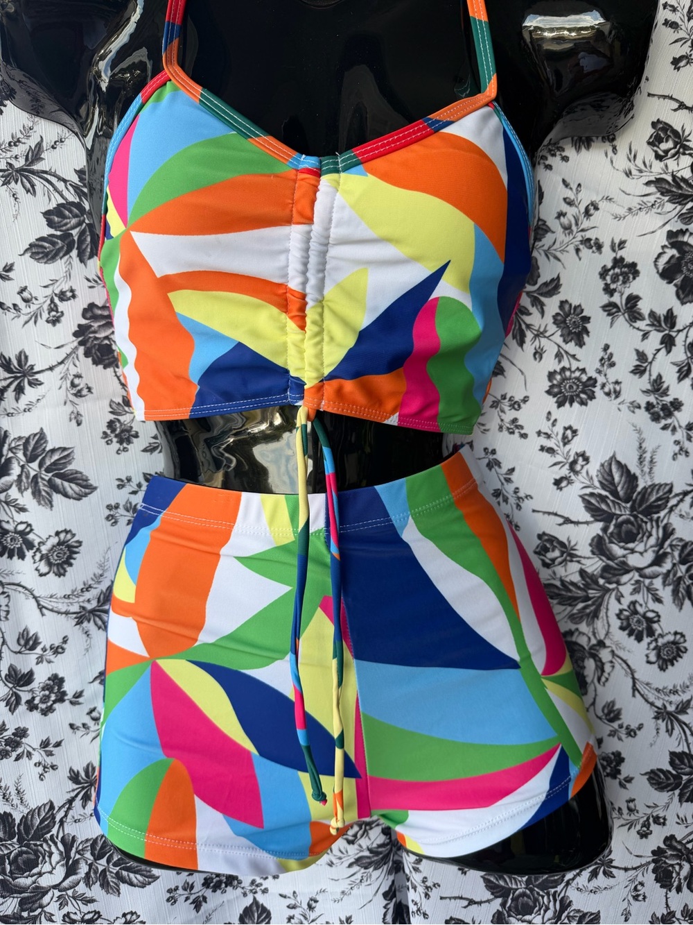 Womems Multicolor Abstract Print One-Piece Set - Bright Swim Top & Shorts
